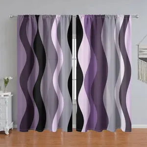 2Pcs Wave Pattern Printed Curtain Panels, Purple and Grey Gradient, Pole Pocket Style, Semi-Sunshade, Suitable for Home Living Room, Bedroom, Balcony, Kitchen, Study Shower Window Decoration, Accessory, Anti-Privacy.