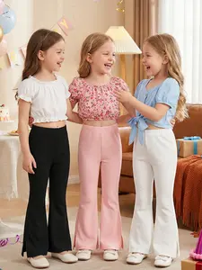 3pcs Girls Flared Knit Fabric Pants Street Style  Solid Color Black Pink White Side Slit Hem Bell Bottom Leggings Casual All Season