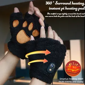Rechargeable Heated Cat Paw Gloves for Women, Fingerless Hand Warmers, 3-Speed Adjustable Winter Work Skiing Gloves