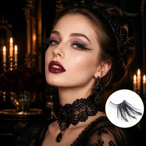 [Goth Lashes Dark] Feather Eyelashes Black Gothic Cat Eye Lashes —  Petal Design False Lashes for Dark Themed Weddings, Cosplay, Firework Show, Festivals, Costume Events, Reusable (Black)