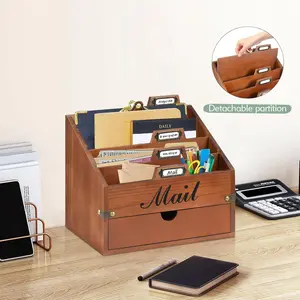 Mail Organizer Countertop, 4 Slots Desk Organizer with Drawer and Shelf, Wooden Mail Sorter for Desk, Desktop File Holders for Storage Pens, Envelopes and Bills
