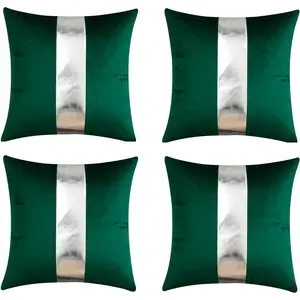 Pack of 4,18x18 Inch Velvet Throw Pillow Covers with Silver Leather Striped Patchwork Stitching Modern Minimalist Square Pillowcase Cushion Covers for Bedroom Sofa Couch Living Room,Green