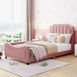Twin Size Velvet Platform Daybed - Upholstered, Classic Stripe Headboard, Wood Twin Sofa Bed (Pink)