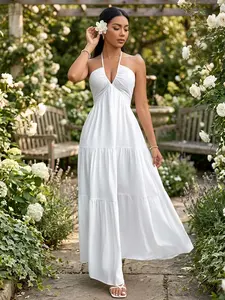 Solid Color Elegant Halter V-Neck Sexy Backless French-Style Temperament Maxi Dress