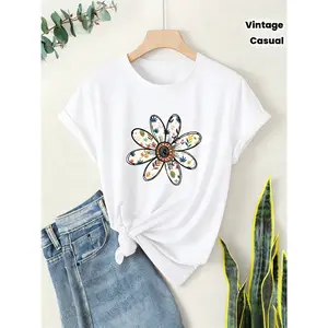 100% cotton colorful daisy print fashion retro style women's casual sporty top, round neck short-sleeve T-shirt, soft and comfortable, lightweight and breathable, suitable for spring, summer, and autumn