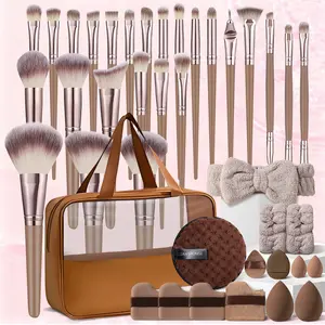 Brown Makeup Brushes Set, 40Pcs Facial Makeup Tools Set Includes 25Pcs Brown Pro-Worthy Brushes, Hanging Washbag, Headband & Wristbands, Cleaning Sponge, Beauty Sponge, Chocolate Biscuit Powder Puff, Mini Makeup Puff, Perfect Holiday Gift for Her