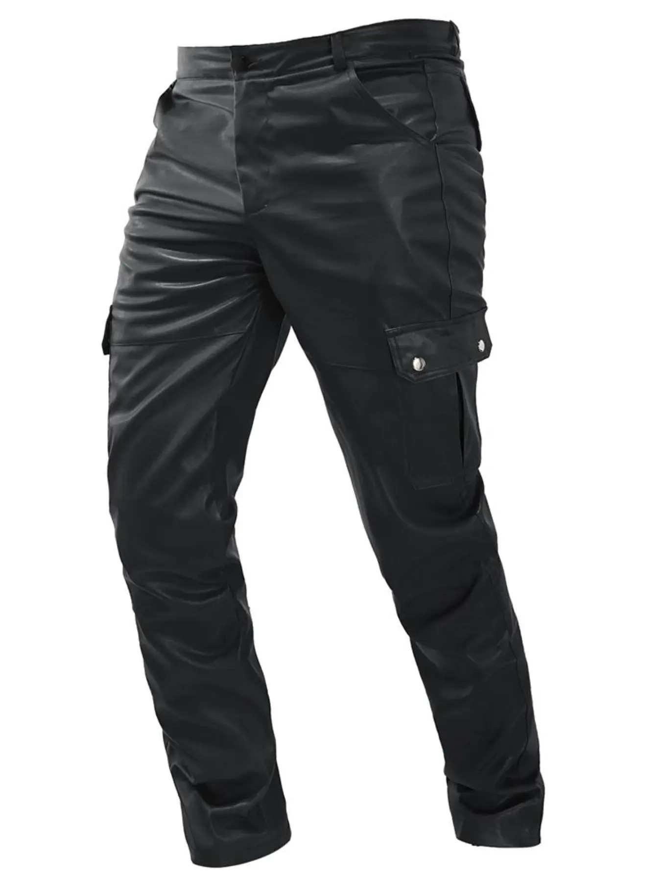 Men's Solid Color PU Faux Leather Workwear Utility Motorcycle Pants, Menswear Pocket Button Casual Long Pants, Stylish and Comfortable