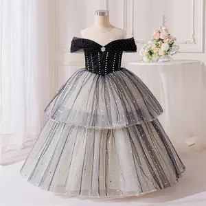 7-12Y Black Sequins Beading Tulle 801 Kids Clothes Flower Girls Princess Long Ball Gown Frock Children Formal Evening Party Banquet Pageant Prom Host Cocktail Dress