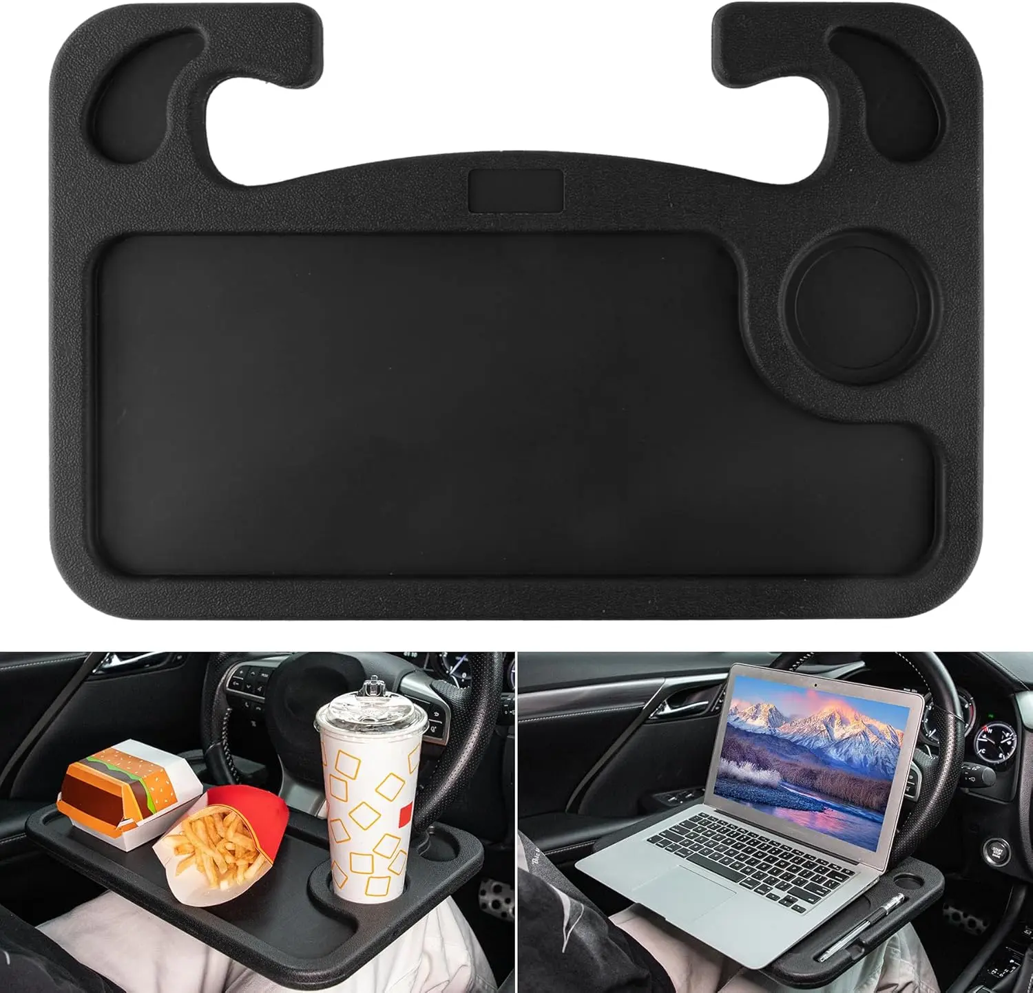 Car Steering Wheel Desk | Food Table for Car | Steering Wheel Tray for Constant Travelers, Fits Most Vehicles Steering Wheels (Black)