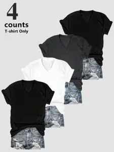 Women's 4-Pack V-Neck Short Everyday Casual T-Shirts, Trendy Solid Color Oversized Fit Tees Top For Daily Wear & Streetwear Summer #TikTokViral