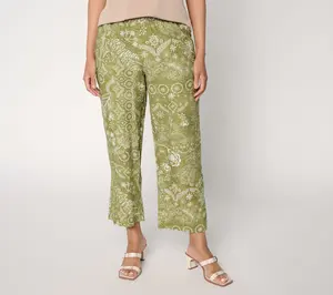 Susan Graver Weekend Regular Printed Linen Blend Wide Leg Crop Pants