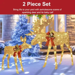 PrintToucan 2-Piece Large Lighted Christmas Deer Decoration 3D Reindeer Family Set with 210 Warm Color LED Lights Outdoor Yard Decor Gold & Red Bow