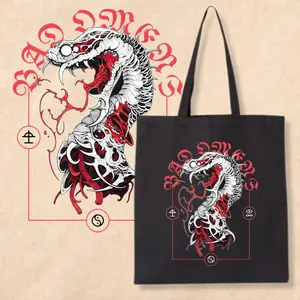 Dark Snake Skeleton Tote Bag, Gothic Horror Graphic Canvas Bag, Edgy Streetwear Aesthetic Shoulder Bag, Black Red Art Tote, Alternative Fashion Everyday Carry Gift