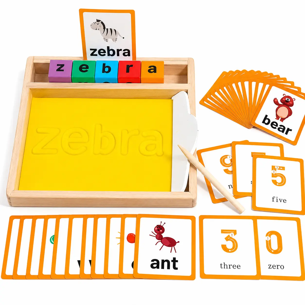 Montessori Wooden Sand Writing Tray with Letter Blocks and Spelling Flashcards, Alphabet Learning Toy for Kids Ages 3-8, Educational Homeschool Preschool Supplies, Sensory Fine Motor Skills Educational Board Set, Toddler Writing Practice Birthday Gift