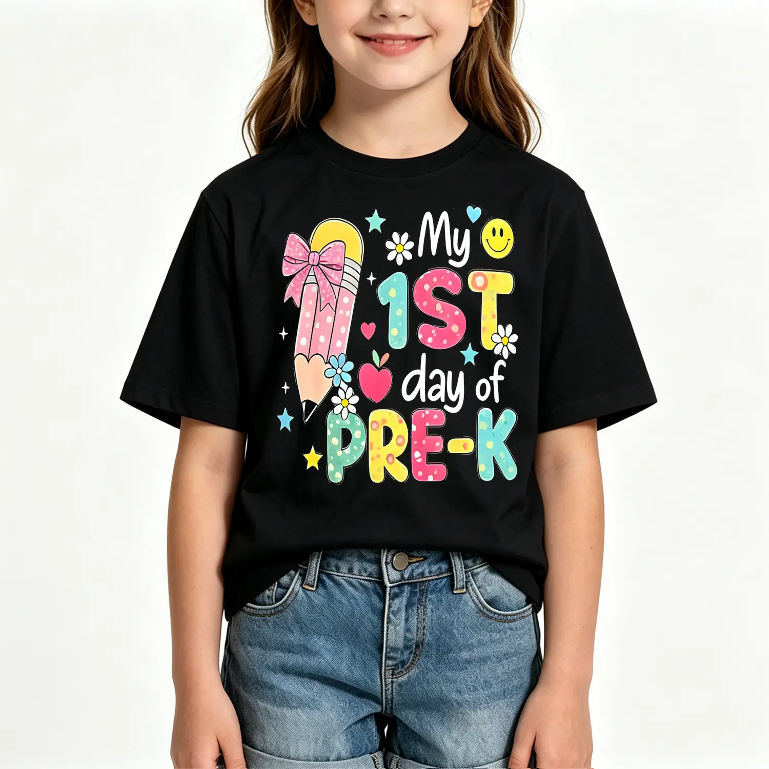 Kids Back to School Pre-K Graphic Cotton T-shirt First Day of School Outfit Short Sleeve T-shirt for Girls