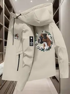 Men's Fashion Hooded Windbreaker Jacket, Boxer Dog Floral Pattern, Stylish Zip Pocket Pullover, Outdoor Casual Outerwear Coat