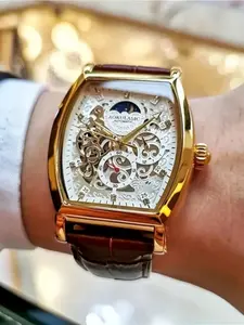 Elegant Men's Tourbillon Automatic Mechanical Watch, Luxury Hollow Design, Skeleton Watch, Leather Strap, Business Casual Style, Barrel Dial, Gift Idea, Business Ready, Tourbillon Feature