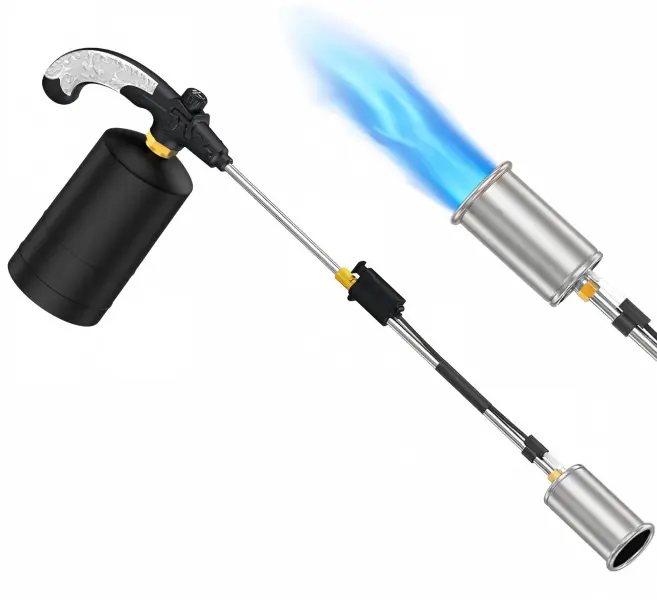 Sturdy Propane Weed Removal Torch with Detachable Long Handle, Adjustable Flame Push Ignition, Outdoor Garden Tool for Weed Clearing, Ice-Snow Melting, Wood Surfaces Treatment (Propane Tank Not Included)