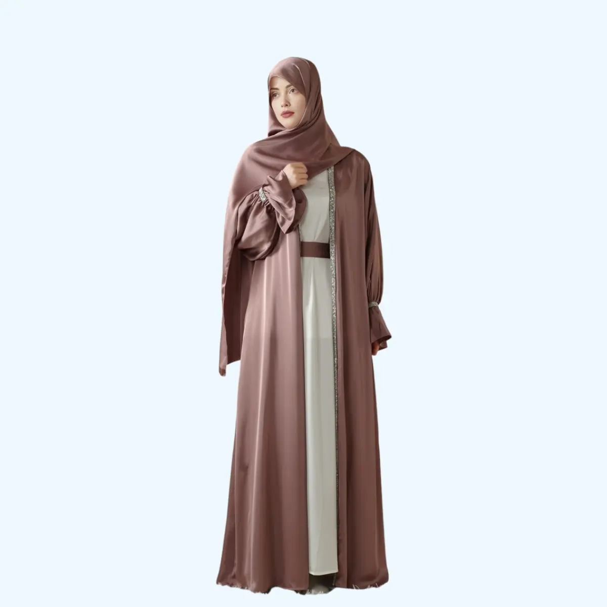 Women's Elegant Satin Abaya Set - 4-Piece Formal Poet Sleeve Robe & Long Sleeve Dress, Complete Hijab Style Outfit for Wedding, Islamic Modesty Clothes, Modest Fashion, 4-Piece Set, Evening, Satin Shimmer, Fitted Sleeve