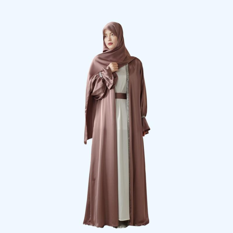 Modesty Muslim Chic Fit Maxi 4-Piece Set: Poet Sleeve Satin Abaya & hijab (MOA009) Formal