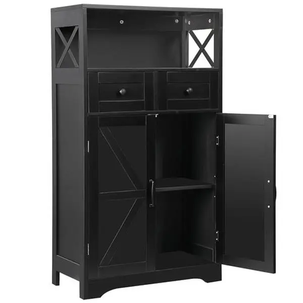 Black Freestanding Storage Cabinet with Doors & Drawers - Floor Standing Cabinet, Freestanding Storage Cupboard, Home Organizer, Kitchen Organizing Cupboard, Indoor Furniture for Kitchen, Bathroom