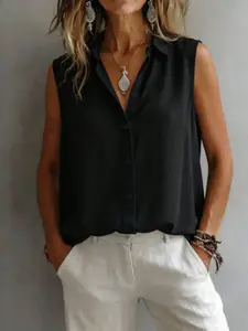 Women's Simple Basic Solid Color Commuter Button Shirt Sleeveless Casual Tank Top, Ladies' Fashionable No-Shoulder Blouse, Comfortable Daily Wear