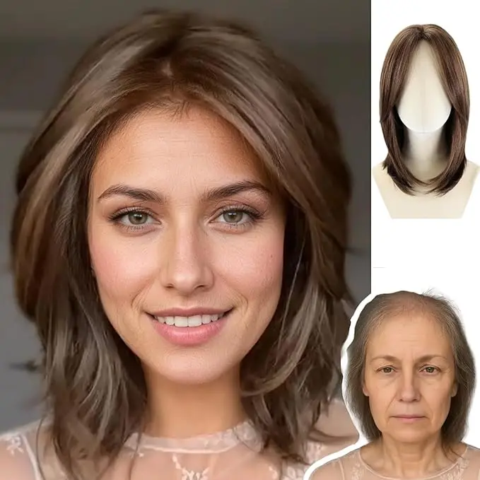 W WIGYY Women's Edith Glueless Silky Straight Highlighted Blond Synthetic Full Machine Wig - Mono Top Lace Front, Shoulder Length, Brown-Mixed Blonde, Realistic Scalp, Adjustable Cap, Natural Looking, Daily Use, Cosplay, Halloween