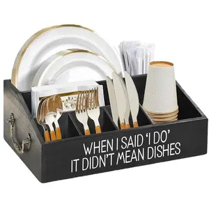 Paper Plate Dispenser for Countertop - Wooden Utensil Holder Organizer for Party - Silverware Caddy for Plate, Cup, Fork, Spoon - Cutlery Holder with Handles for Kitchen Camping Buffet holiday haul candy drawer multifunctional deal storage multipurpose