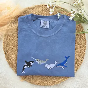 Marine Life Embroidered Comfort Colors Shirt, Whale Orca Tee, Ocean Aesthetic Shirt, Minimal Marine Life Shirt