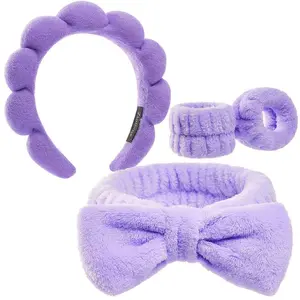 Female 2-Piece Soft Fabric Spa Headband and Wristband Set, Face Care Products for Face Washing, Makeup and Skincare Essentials with Bubble Bow Design