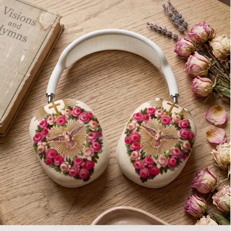 Vintage Sacred Heart & Holy Spirit Dove 2D Flat Printed Tough AirPods Max Case - Floral Rose Wreath - Smooth Surface Coquette Christian Aesthetic - Hard Headphone Cover - Gift for Her