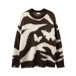 Men's Butterfly Pattern Ripped Design Round Neck Sweater, Loose Casual Comfy Long Sleeve Crew Neck Jumper for Fall & Winter, Fashion Men's Knitwear for Daily Wear