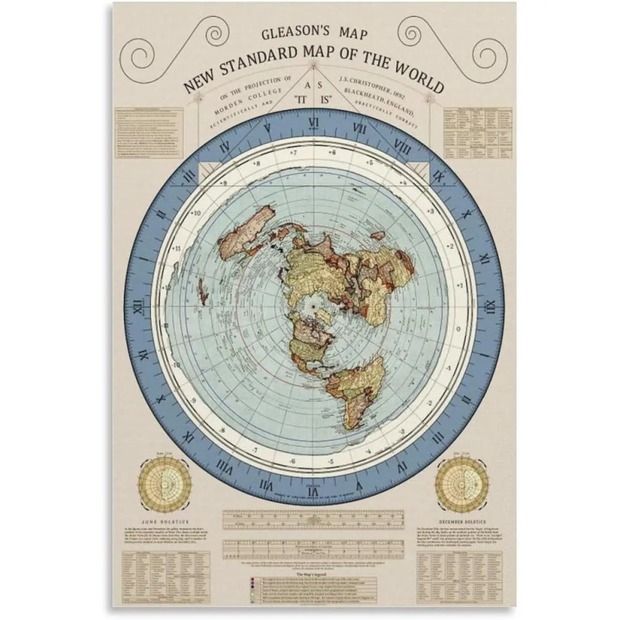 HRIGJO Gleason's New Standard World Flat Earth Luxury Wall Art Print, 16x24in(40x60cm) Frame-Style Wood Photo Frame Canvas, Modern Home Decoration for Living Room, Bedroom Gifts
