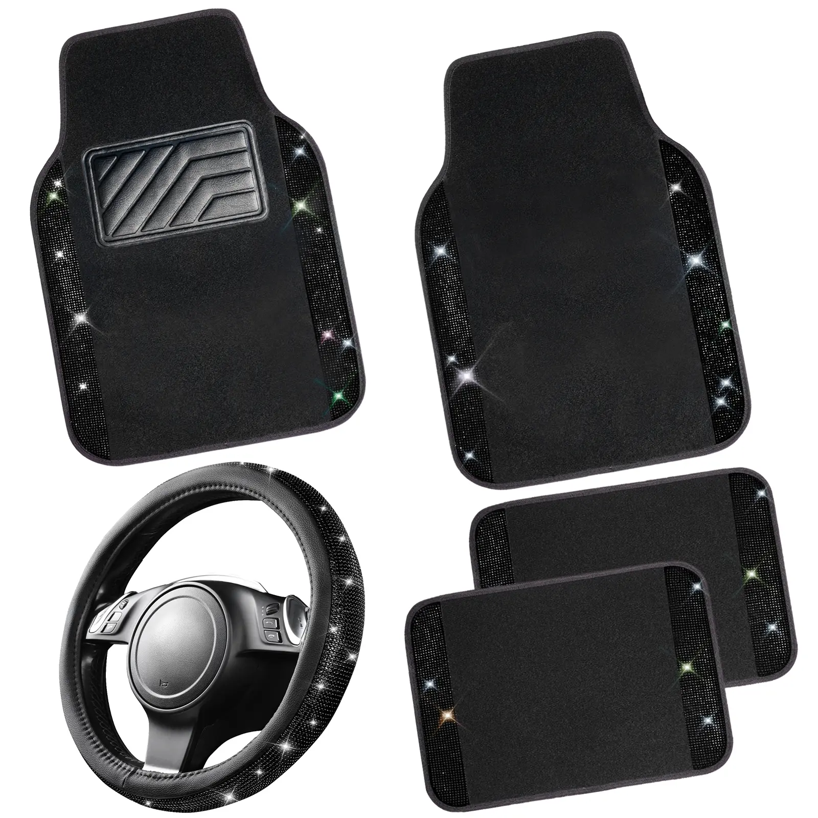 Black Car Floor Mats + Steering Wheel Cover
