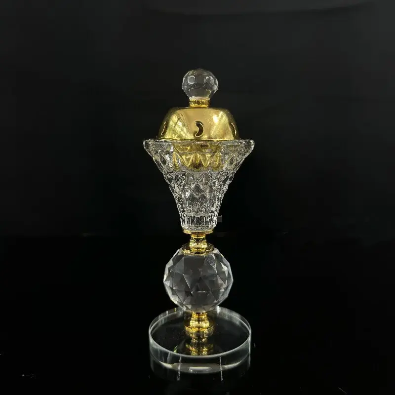 Elegant Glass Crystal Incense Burner with Gold Metal Cover - European Hollow Iron Design, Suitable for Home and Bedroom Decoration, Great for Meditation and Yoga - Beautiful Gift Accessory, Incense Holder