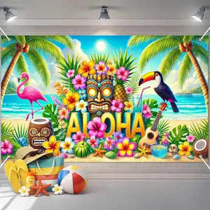 Aloha Banner 71x43 Inches Summer Tiki Party Decorations Backdrop Hawaiian Luau Party Decorations Tropical Beach Banner with , Toucan and Tiki Mask for Summer Party Decor