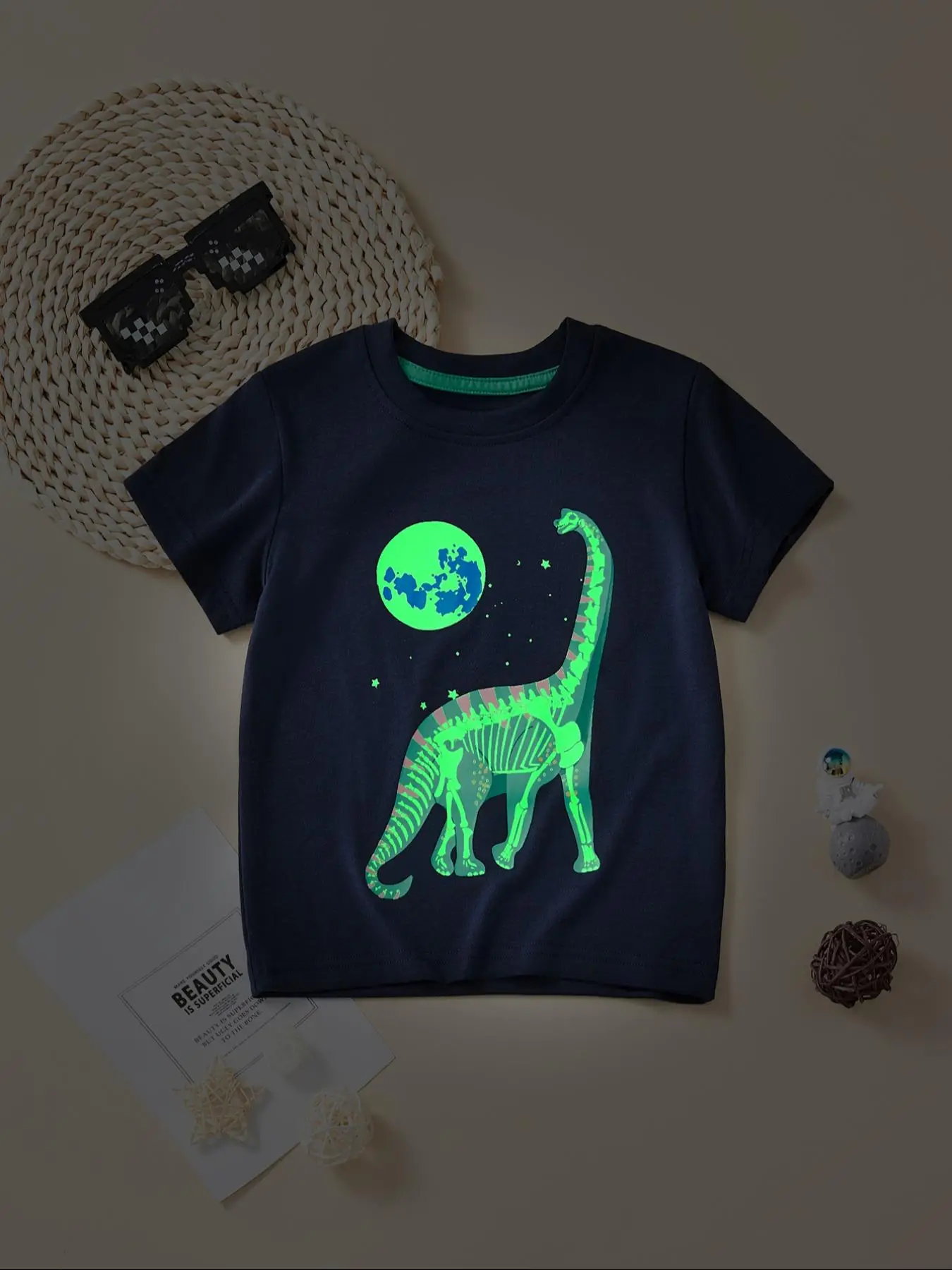 Toddler Boy's Luminous Reflective Earth & Dinosaur Print Tee, Cute Short Sleeve Crew Neck T-shirt, Kids Summer Clothes, Boys Graphic Tee
