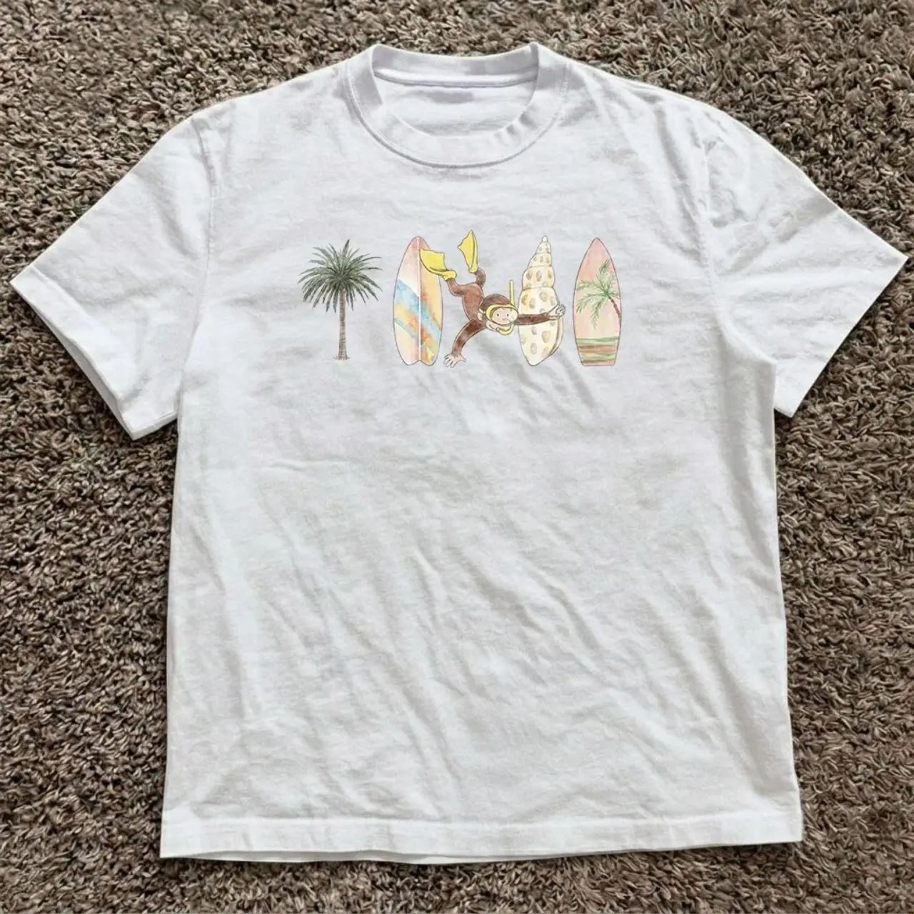 Curious George Surfing Shirt, Cute Scuba Diving Monkey Graphic Tee, Vintage Beach Surfboard White Top, Summer Graphic Clothing K4