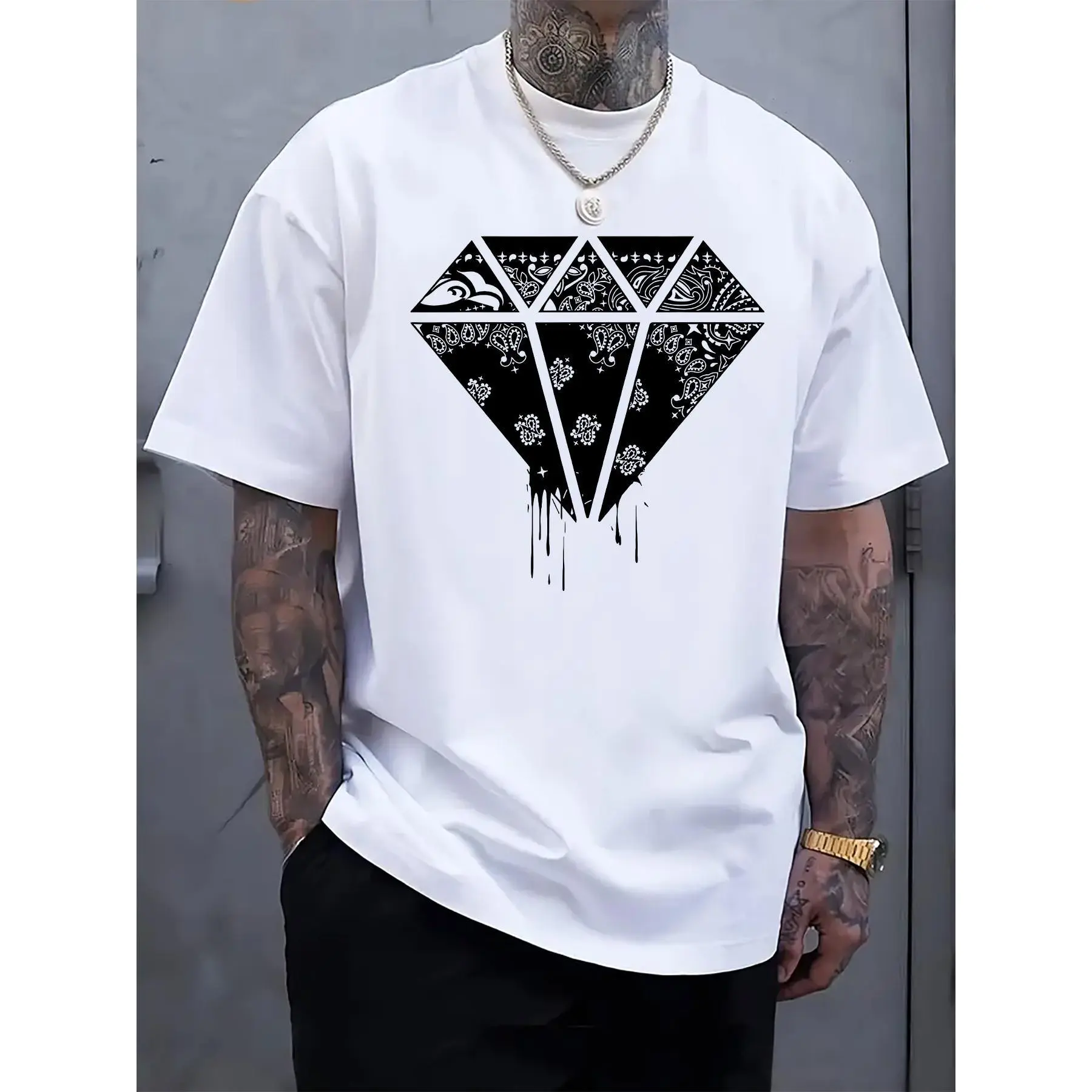 [ Cotton] Men'S Casual Crew Neck T-Shirt With Paisley Diamond Print, Slight Stretch Fabric, Regular Fit Short Sleeve Tee For Spring And Summer Vacation, Casual Wear Tee |       Modern Print Tshirt |       Textured Surface, Diamond T Shir T-Shirt For Men A