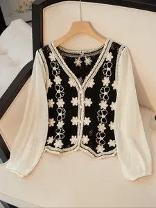 Women's V-Neck Long Sleeve Knit Cardigan, Hollow Out Design, Boho Style, Spring & Fall Fashion, Fitted Plain Sweater