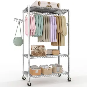 GAOMON 3 Tier Mobile Clothing Rack with Adjustable Shelves and Hanging Bar, Sturdy Metal Garment Organizer with Wheels for Bedroom, Closet, Dorm, or Laundry Room