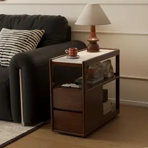 Wayshome 100% Solid Wood Side Table with Wheels, Narrow Side Table with Storage Drawers, Rolling Bedside Table for Bedroom Living Room Space Saving 15.75" D x 26.77" W x 21.65" H