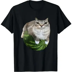 90s Y2k Watermelon Cat Silly Cat Meme T-Shirt A Hilarious Watermelon Print Shirt Is - Soft Breathable Casual Tee - Basic Round Neck Short Sleeve Top Menswear Man
