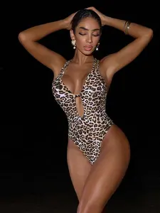 Leopard Print One Piece Swimsuit Cut Out Slim Fit Beachwear Sexy