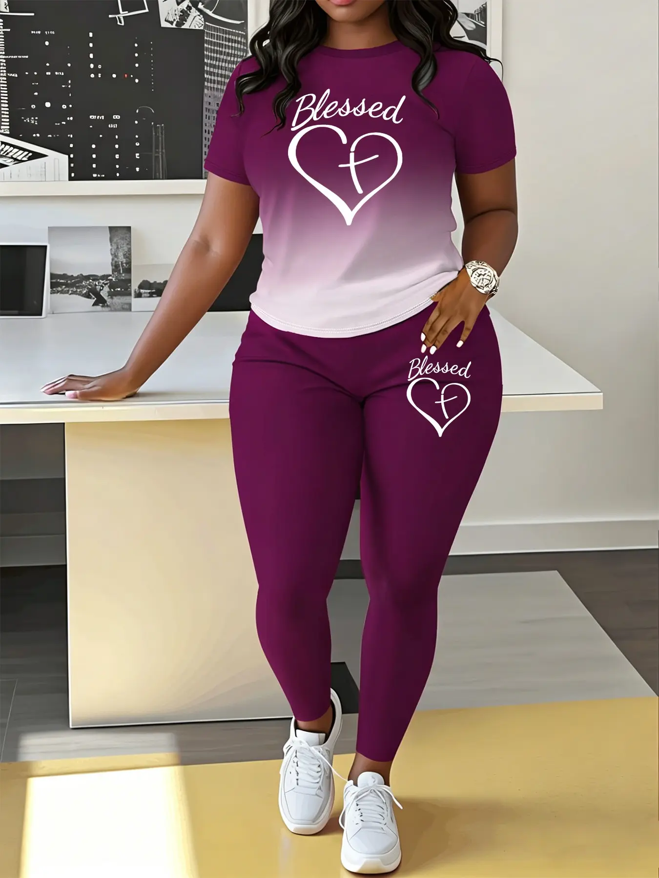 Women's Casual Letter Heart Print Gradient Two-Piece Set, Round Neck Short Sleeve Top and Long Pants, Spring Summer Womenswear Clothes, Pants Loungewear Set