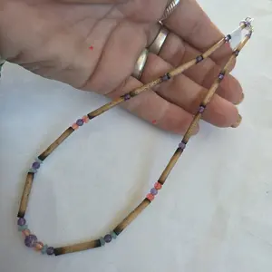 Handmade Bamboo Necklace with Amethyst Peach & Blue Glass Beads 18 Inch Choker No Plastic Wearable in Shower & Swimming One of a Kind