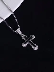 Rhinestone Decorated Cross Necklace, Color Cross Pendant Necklace for Men & Women Flag Stainless Steel Cross Necklace Trendy All-match & Exquisite Chain Jewelry for Birthday Gift