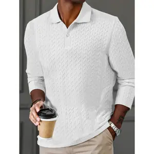 Old Money Aesthetic Mens Clothing Vintage Inspired Cable Knit Long Sleeve Polo Shirt with Structured Braid Design Timeless Top for Business Casual and Social Events Menswear Gamis  Plain Beige