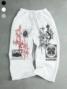 Men's Streetwear Dark Subculture Print Soft Sweatpants, Comfortable Skin-Friendly Fabric, Loose Fit Casual, Artistic Print, Daily Wear