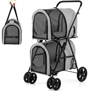 Giantex Double Pet Stroller with 2 Detachable Carrier Bags, Safety Belt, 4 Lockable Wheels, Folding Cat & Dog Stroller for Small Medium Pets, Cats Dogs Puppy Travel Strolling Cart (Gray)